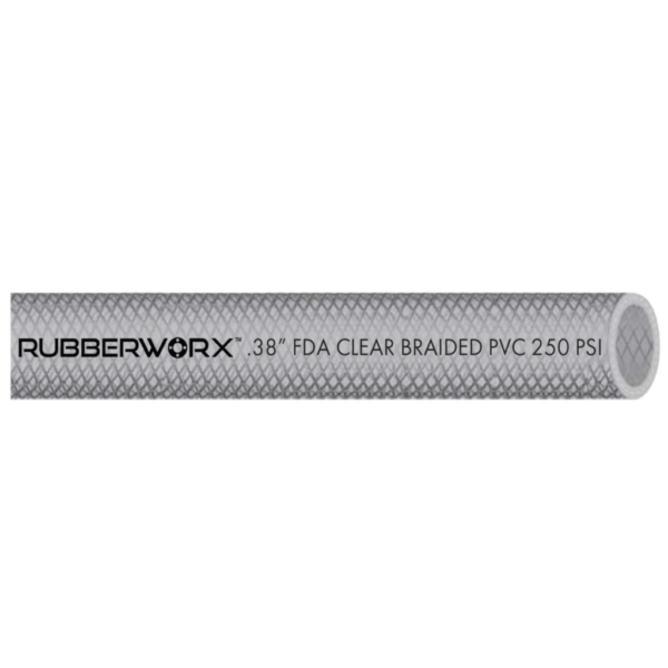 Clear PVC Braided Tubing - FDA Compliant, 1.5in ID x 1.938in OD, 100psi Working Pressure for Liquid Food or Light Chemical Transfer - Reinforced with Textile, -25°F to 150°F, 0.64lbs/ft